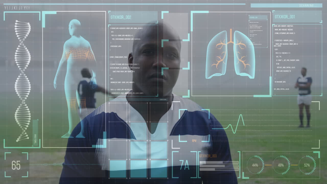 Animation of human body data and statistics over African American male rugby player