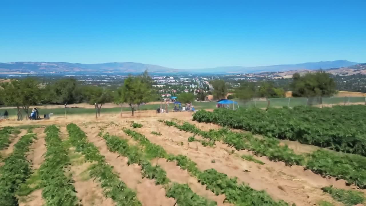 A Scenic Overview of Expansive Fields and Gathering Spaces in a Picturesque Valley, Showcasing Nature's Beauty and Community Activities Under Clear Blue Skies