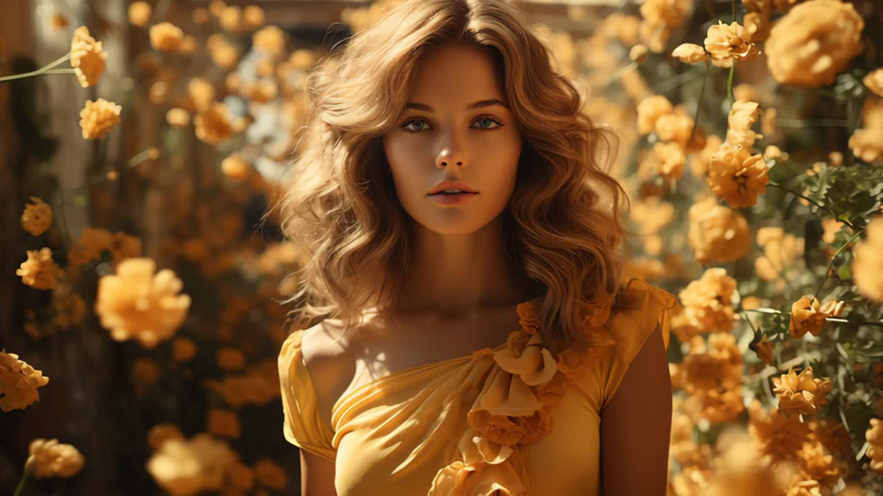 Donna bionda in abito giallo in piedi in un campo fiorito