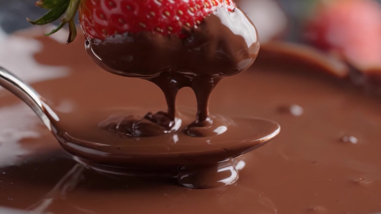 Immergere fragole fresche nel cioccolato fuso e ricco per un dolcetto deliziosamente indulgente, catturando il momento di dolce soddisfazione ad ogni morso