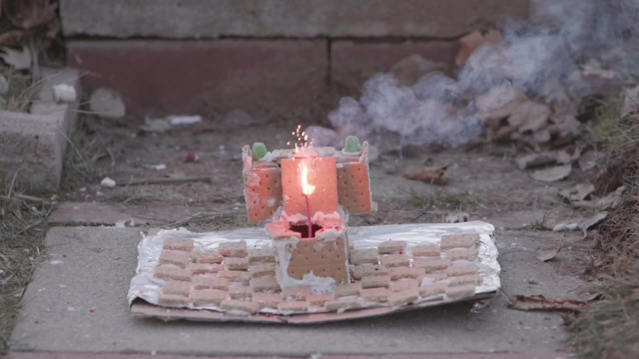 An M80 in a Gingerbread Toilet and bathroom is lit in the toilet
