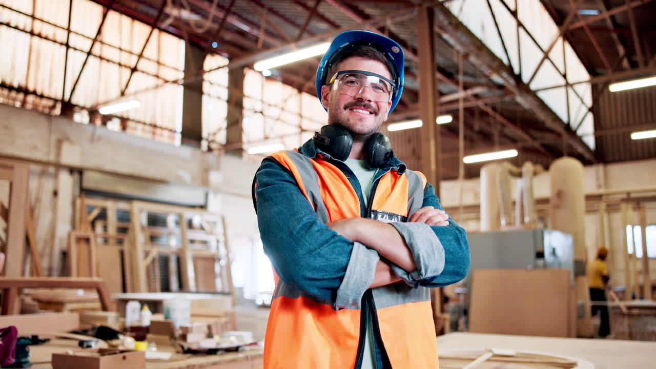 Lavoratore fiducioso con equipaggiamento di sicurezza sorridente in officina