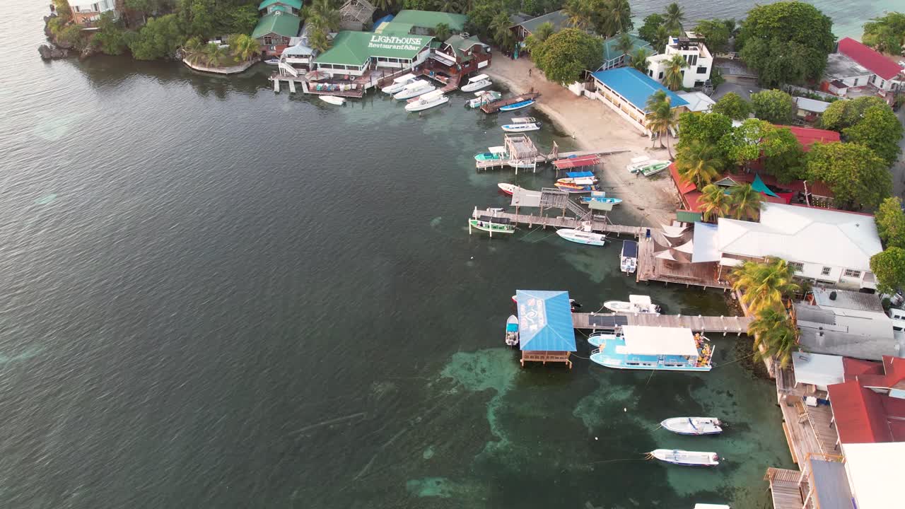 일몰 동안 카리브 해와 함께 해안선 위를 비행하는 드론