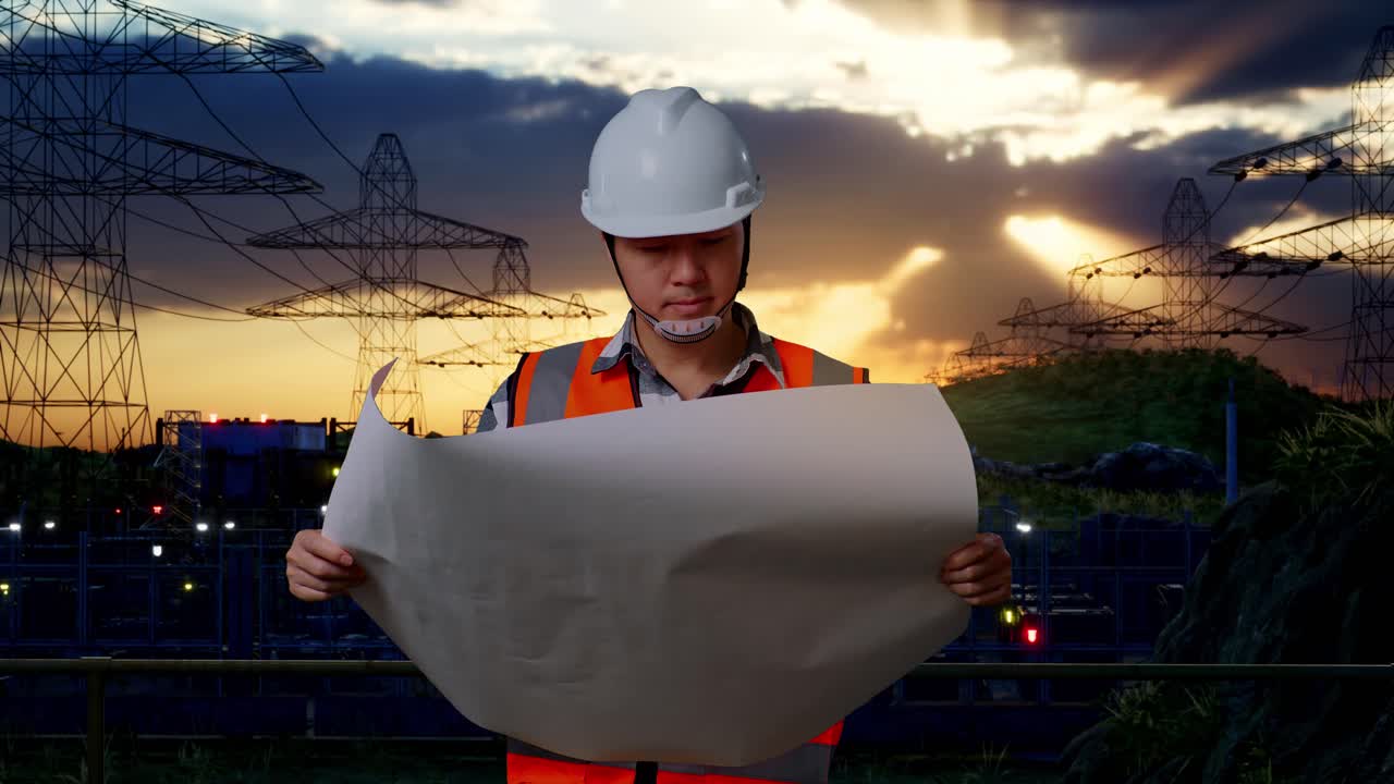 ingeniero revisando planos en una planta de energía al atardecer