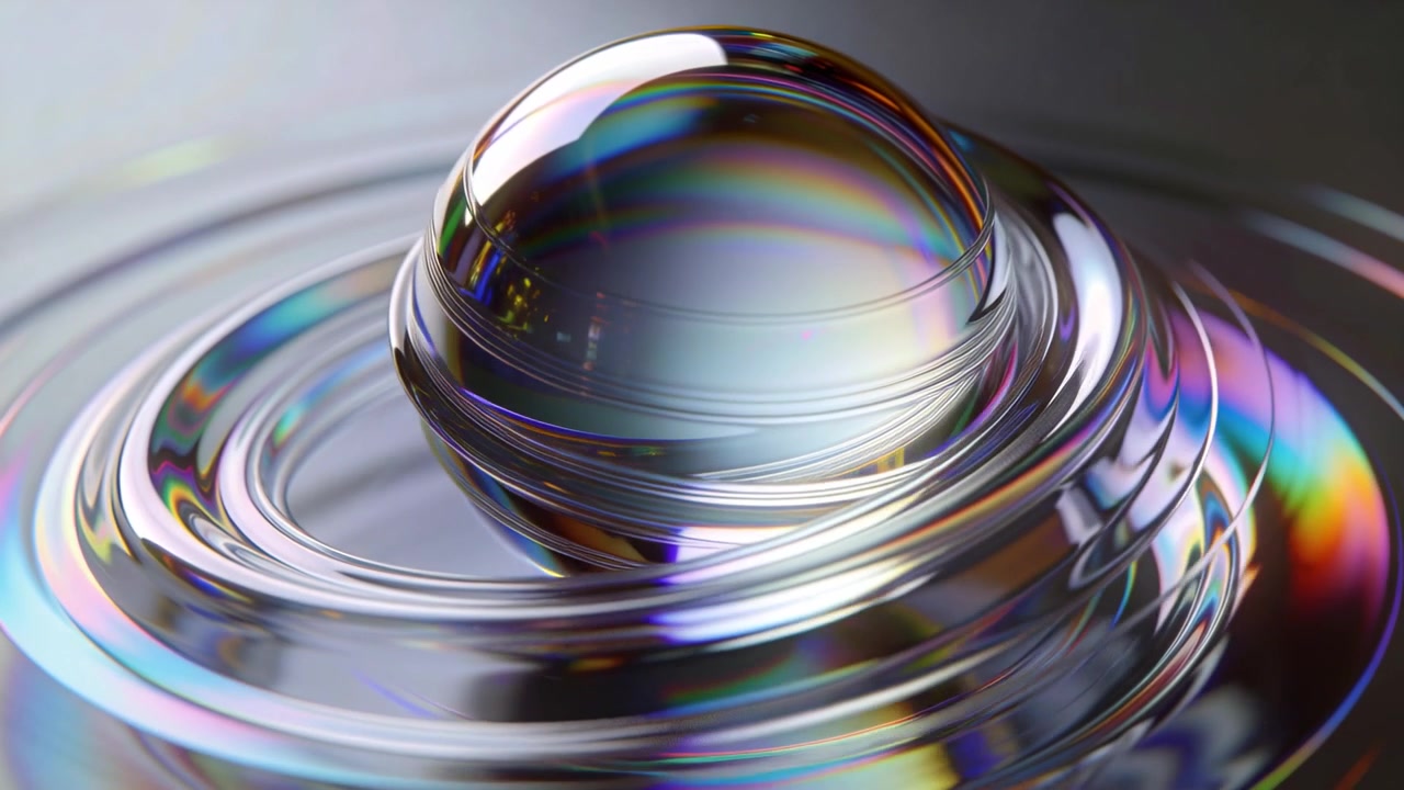 Sfera di vetro trasparente che ruota e si muove sopra una base increspata sotto le luci dello studio, creando bande arcobaleno.