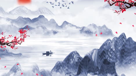 Mysterious-landscape-China's-traditional-Oriental-Digital-Art-animation,-Chinese-retro-painting-ink-misty-mountain-with-flowers,-tree,-birds,-river-in-fog-background