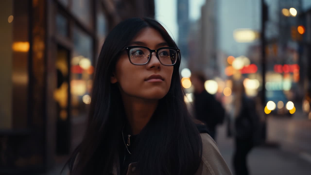 Donna asiatica che cammina per una strada cittadina tra luci bokeh brillanti e riflessi, indossando occhiali e un cappotto neutro