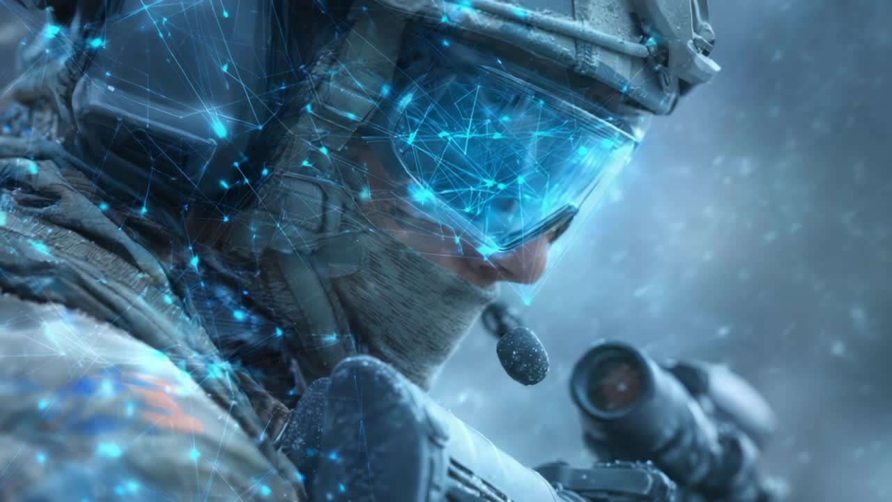 Guerriero avanzato con equipaggiamento da combattimento futuristico: un soldato high-tech dotato di occhiali intelligenti e armamento tattico in un ambiente dinamico e innevato.