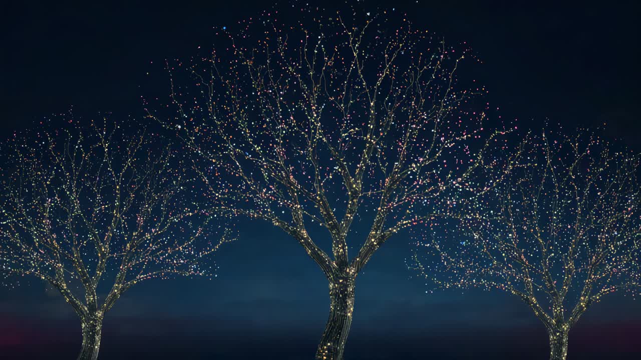 Zooming camera focusing on central leafless tree, highlighting colored lights on branches in park