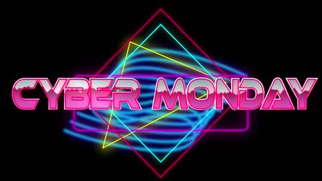 Animation-Von-Cyber-Monday-Text-über-Bunten-Geometrischen-Formen-Auf-Schwarzem-Hintergrund