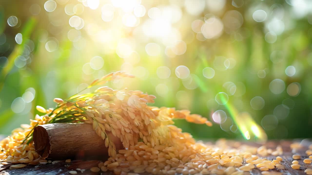 A bunch of rice is on a wooden table. The rice is scattered all over the table and some of it is piled up. The rice is yellow and it looks like it's freshly harvested