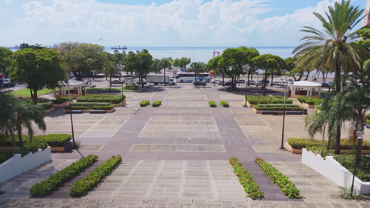 Eugenio Maria de Hostos park, Santo Domingo in Dominican Republic. Aerial forward at low altitude