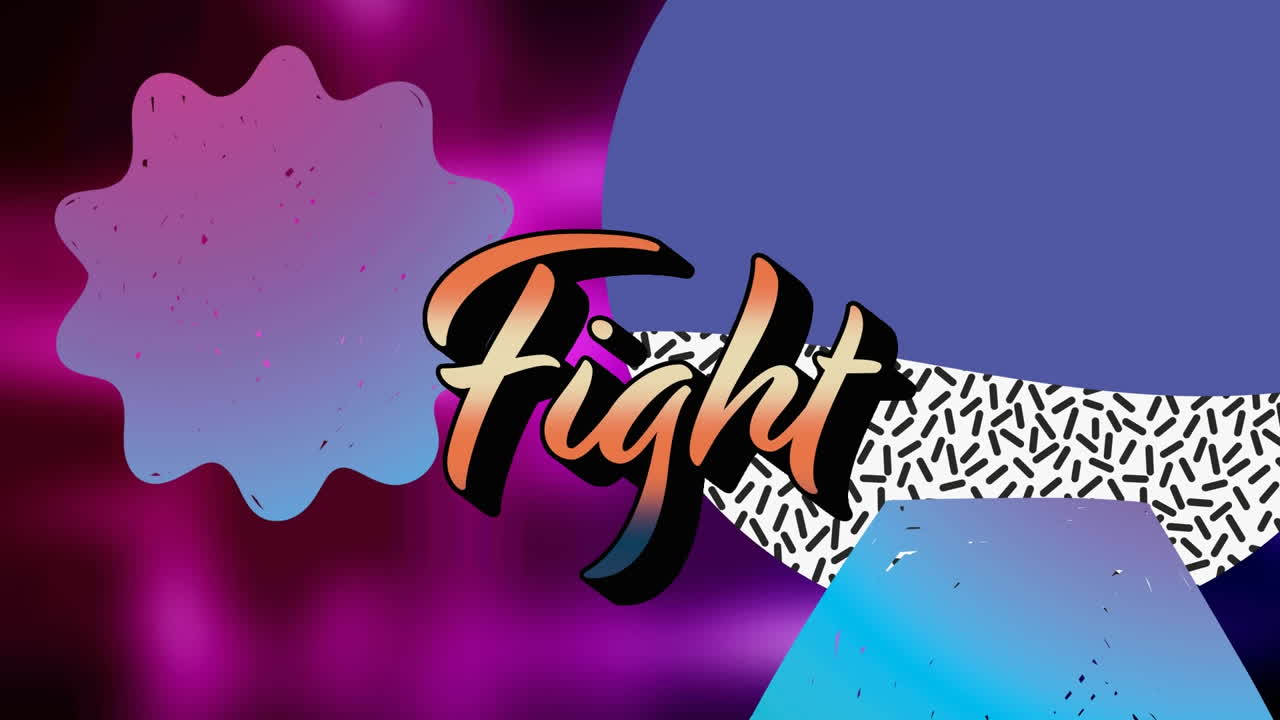 보라색 배경의 모양 위에 싸움 텍스트의 애니메이션