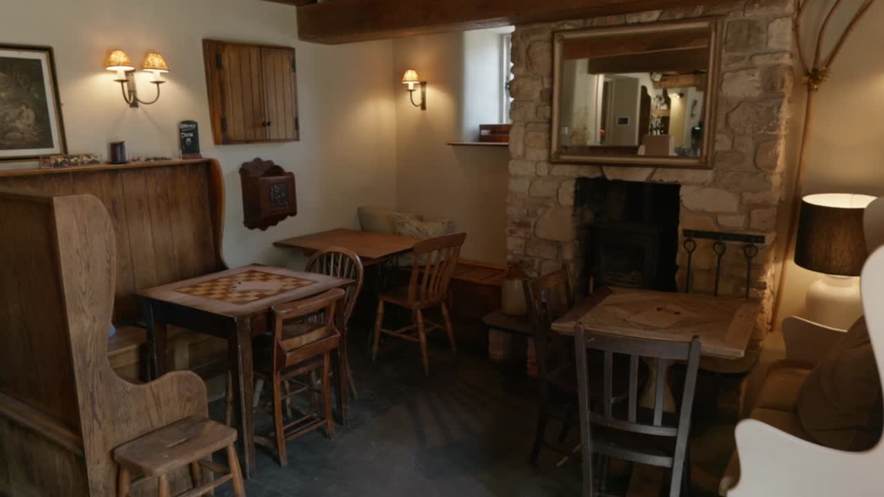 Avvicinamento su un pub rustico vuoto arredato con mobili in legno, alla luce del giorno.