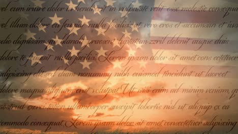 animation of text moving over american flag and sky with clouds