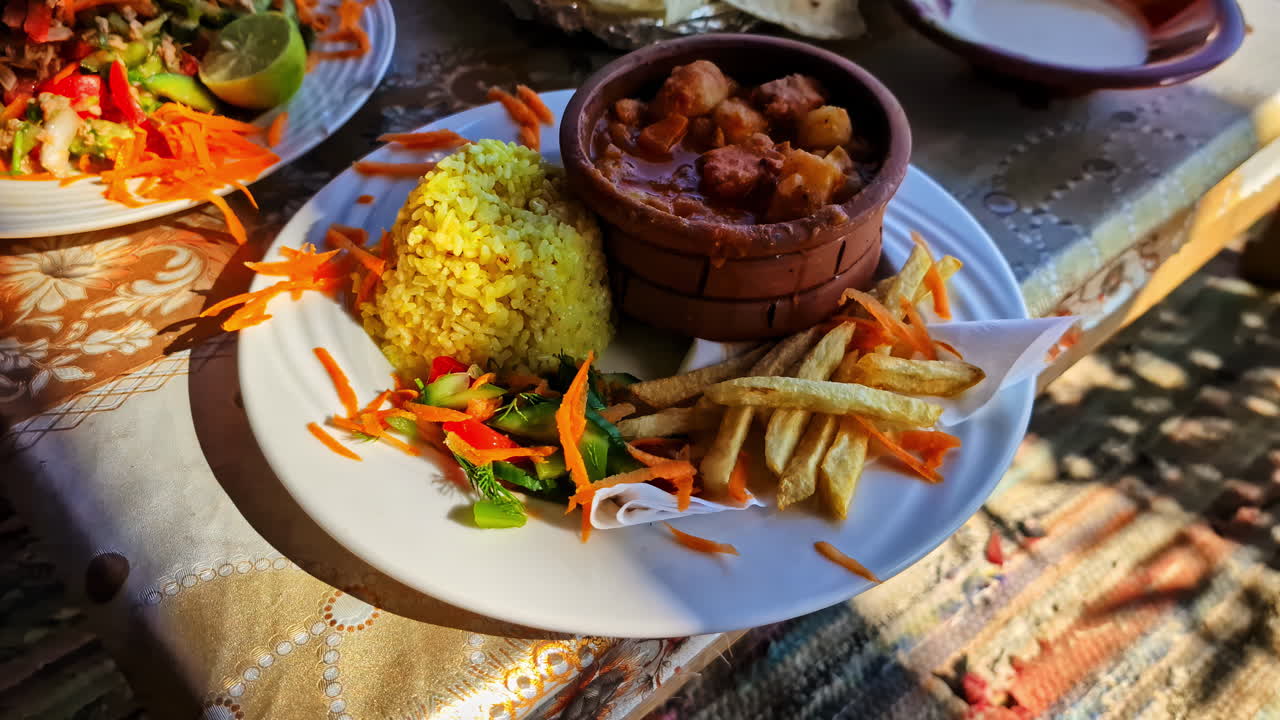 Colorful and appetizing traditional meal called Fattah laid out on a table in Egypt