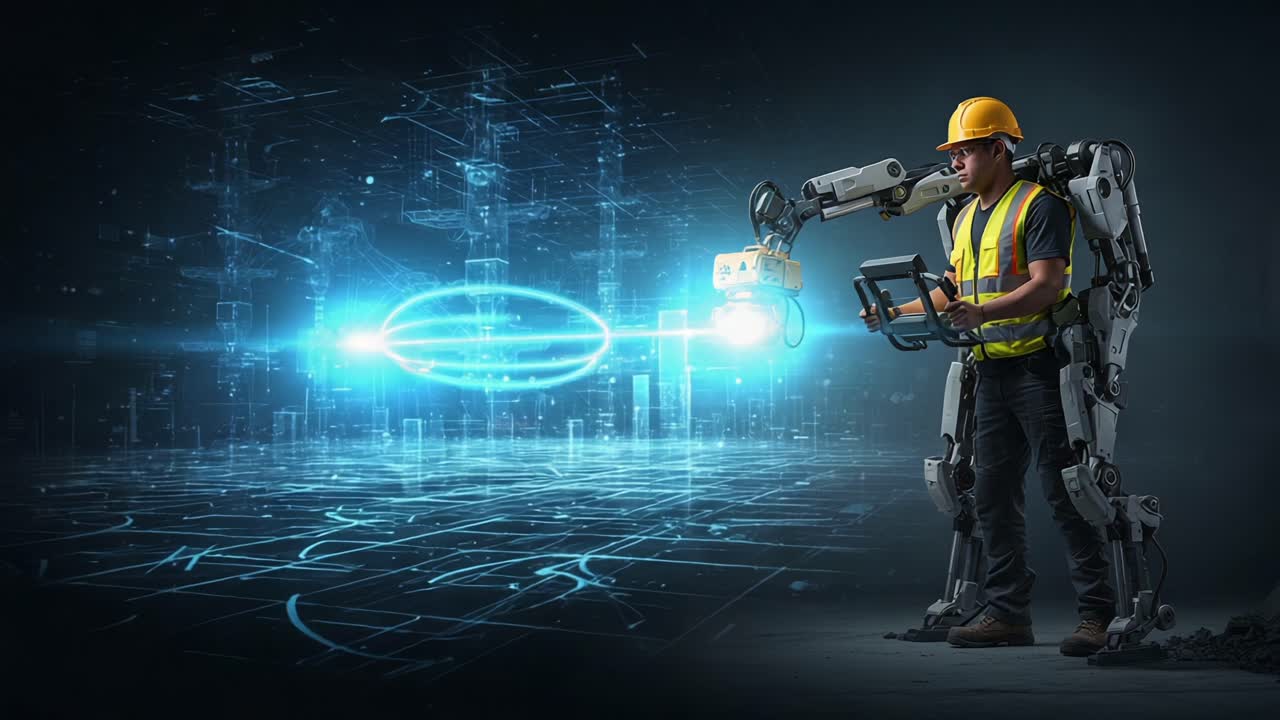 A Futuristic Worker Operates a High-Tech Exoskeleton with Advanced Technology While Navigating a Digital Landscape Full of Data Visualizations