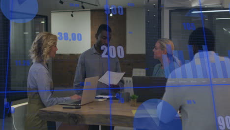 Animation of data processing and diagrams over diverse colleagues discussing work