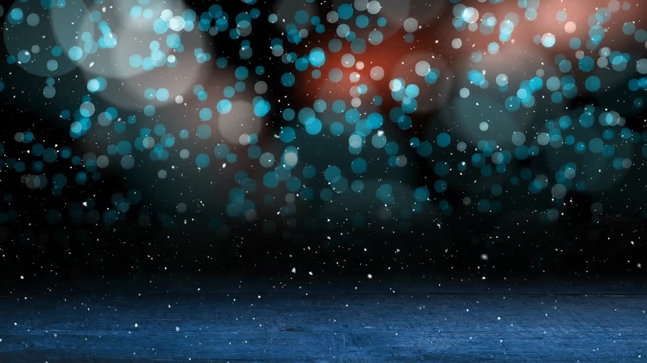 Animation of snow falling over spots of light with copy space and wooden boards