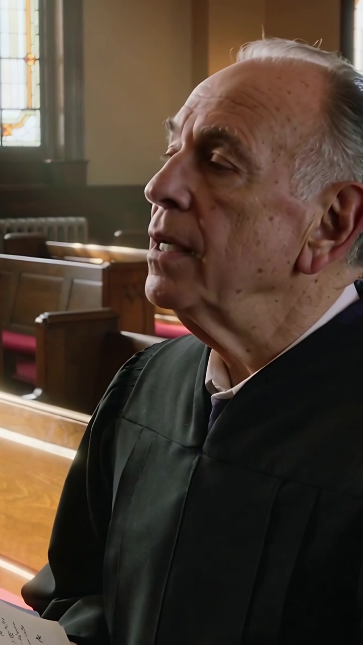 Vertikales Video: Singender Senior in schwarzer Robe liest Gesangbuch, leitet Kirchenlied in der Kirche, Textfreiraum.