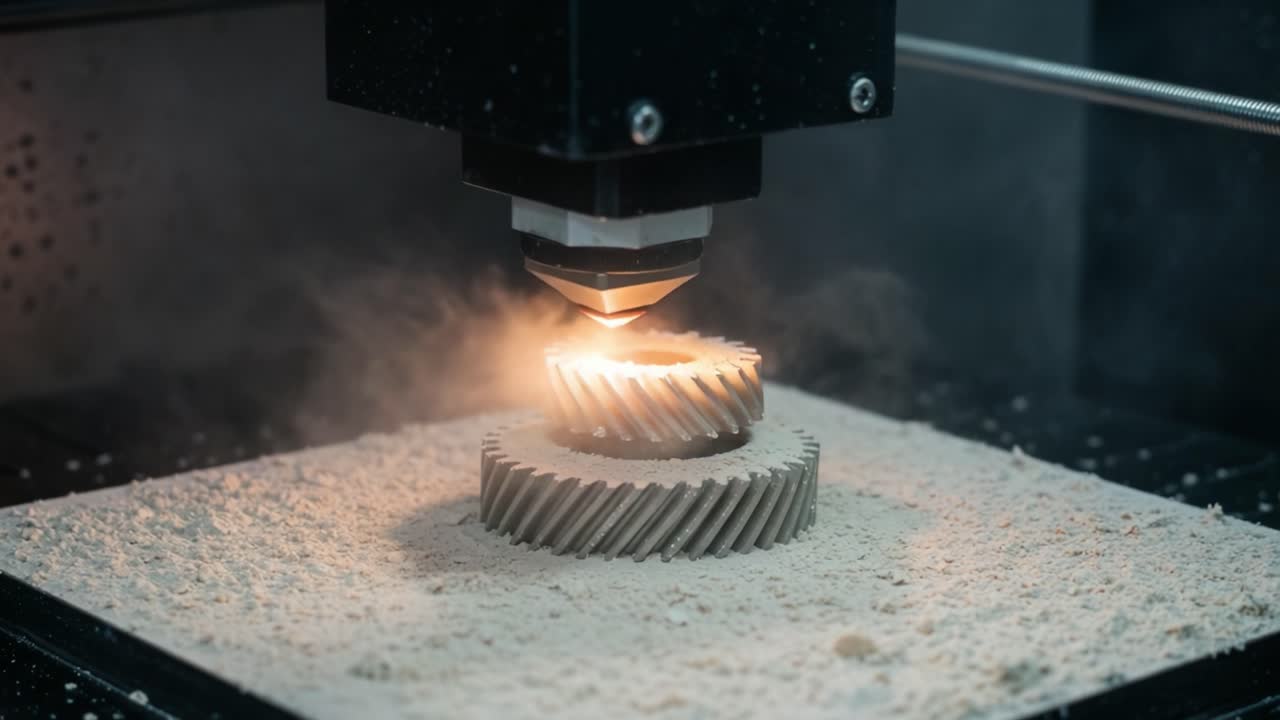 A High-Precision Manufacturing Process Demonstrating Laser Technology in Action on Intricate Gear Components Surrounded by Fine Powder for Optimal Detail and Accuracy