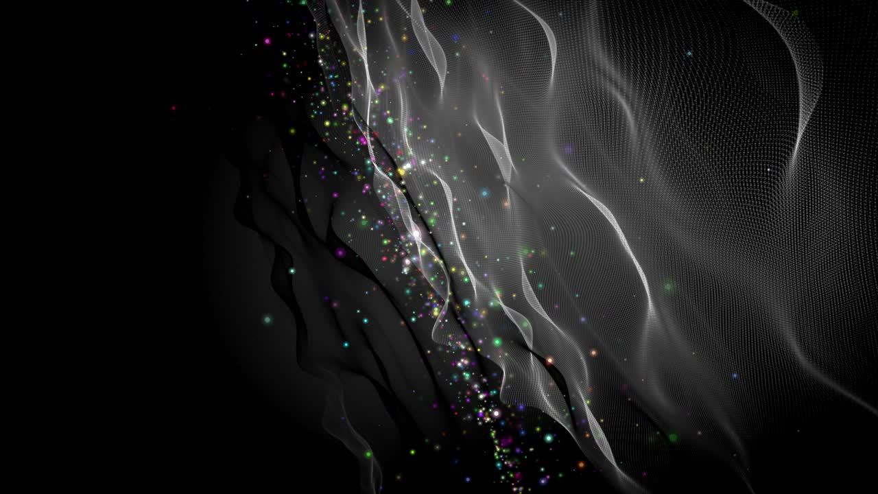 Futuristic animation with wave object and glitter particles in slow motion, 4096x2304 loop 4K