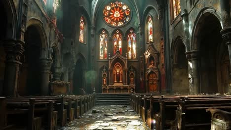 a church with stained glass windows and pews in it