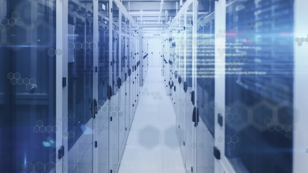 Hexagonal patterns and data streams animation over server racks in data center