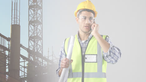 animation of caucasian male architect with phone and plans over construction site