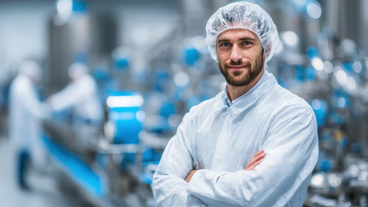A confident professional in a clean uniform smiles while overseeing operations in a high-tech facility, embodying the values of safety and efficiency in the workplace