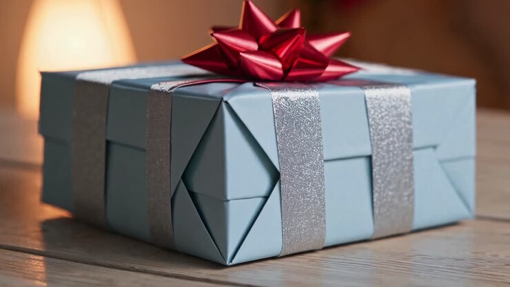 Close-up video shot of a beautifully wrapped gift box with a red bow and silver ribbon, set