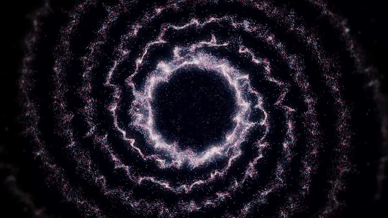 espiral en movimiento de partículas brillantes. animación. espiral viviente de partículas que forman una esfera en el centro. espiral se transforma en esfera de partículas en fondo negro