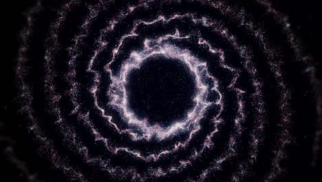 moving spiral of glowing particles. animation. living spiral of particles forming sphere in center. spiral transforms into sphere of particles on black background