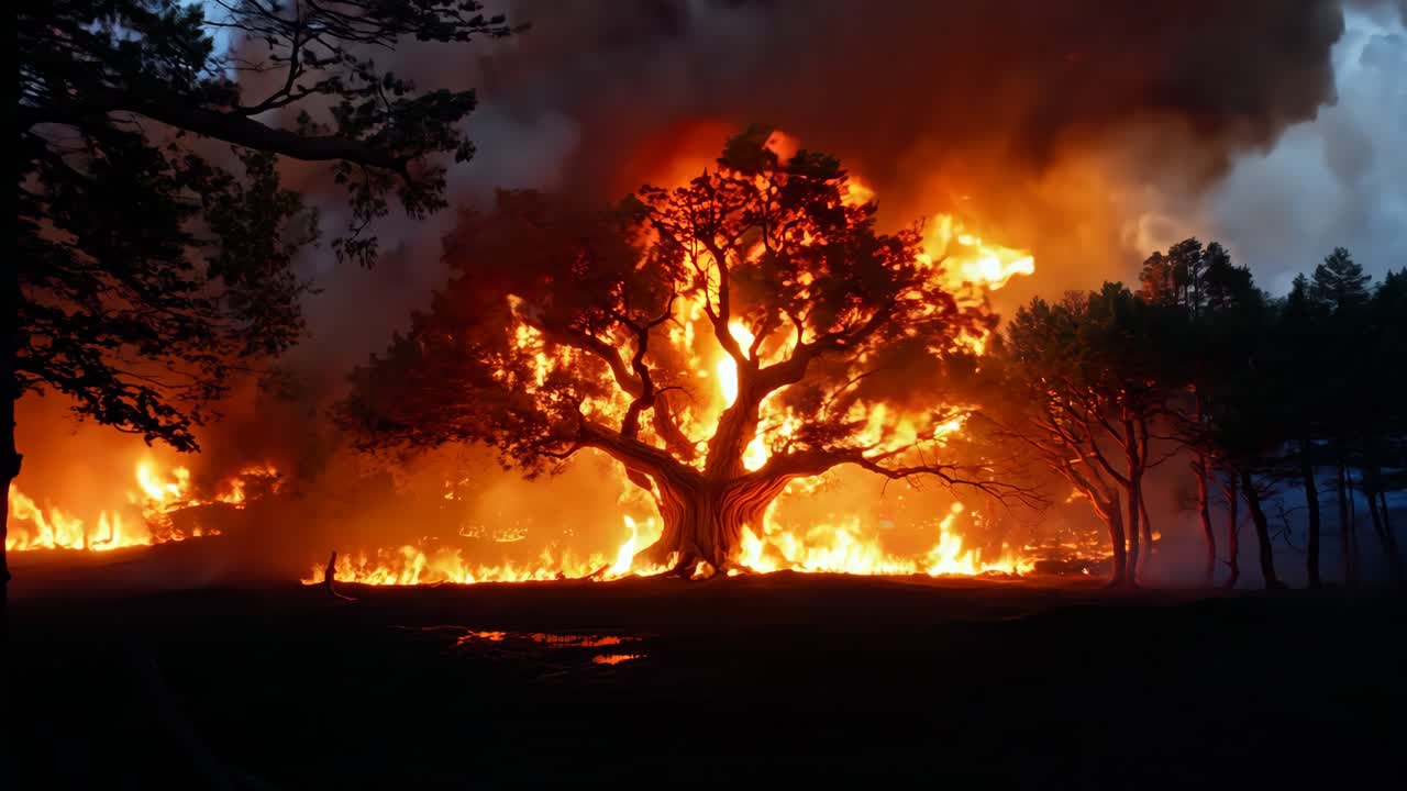 A large tree is engulfed by flames in the middle of a forest