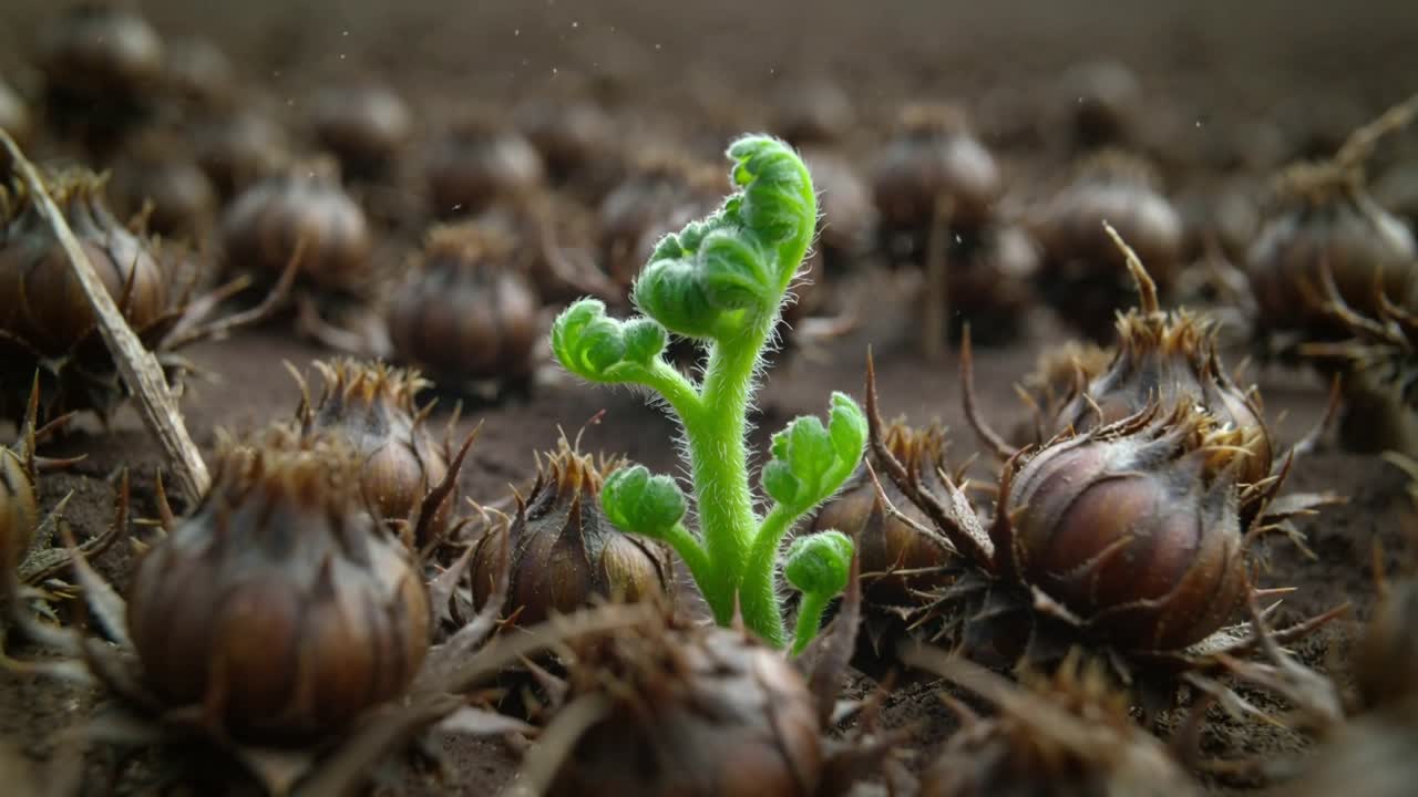 Broto verde-brilhante germinando, emergindo das cascas de semente em um canteiro de solo, desdobrando folhas com pelos.