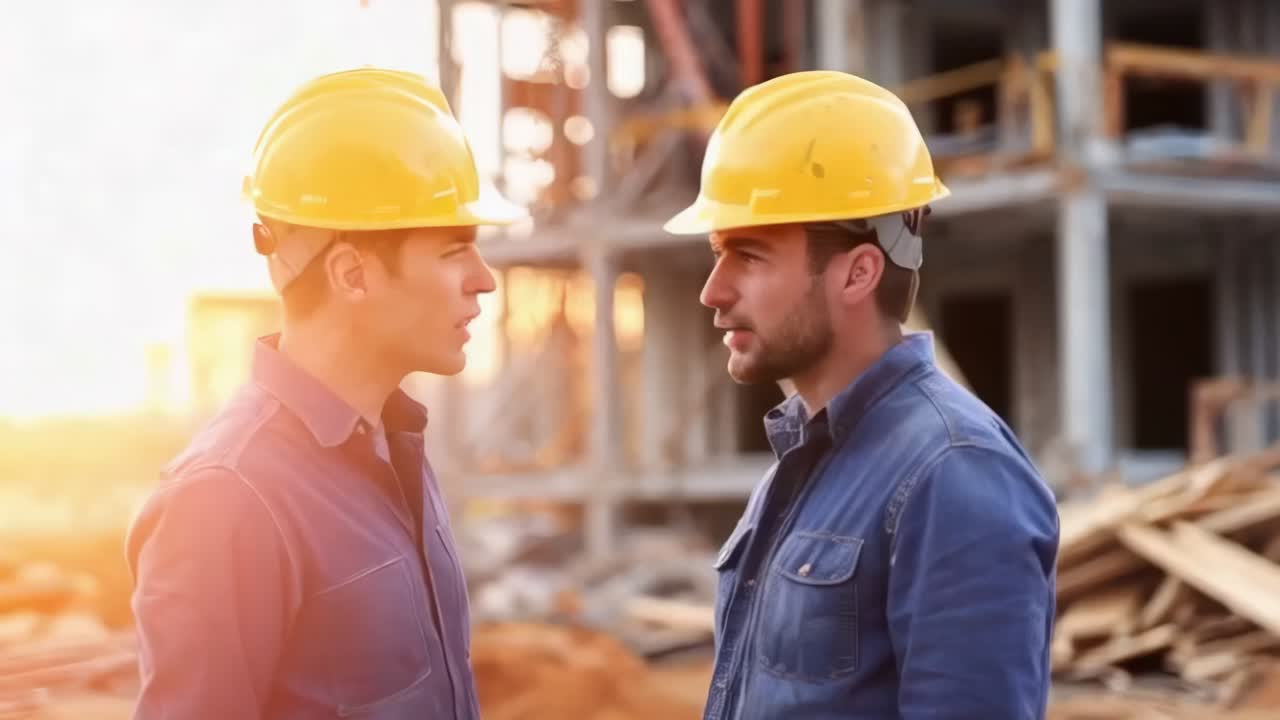 Two workers in yellow helmets talking at a building construction site.