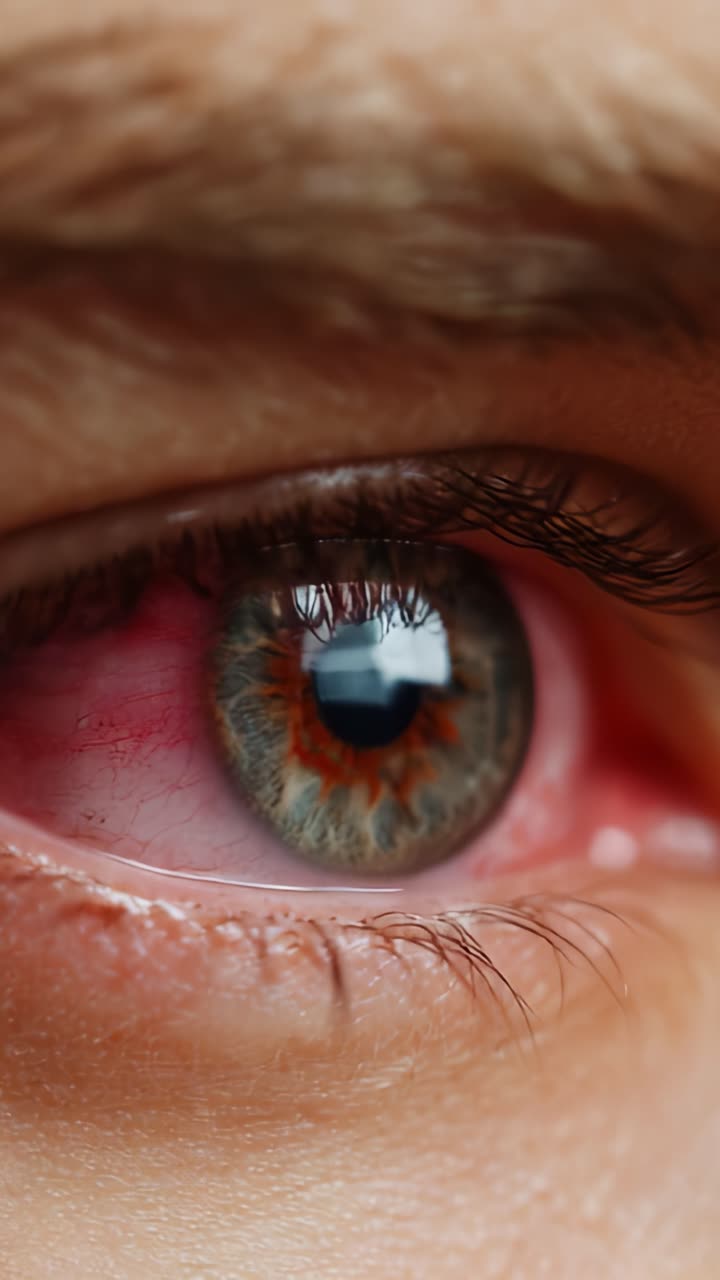 Primo piano di un occhio umano che mostra motivi e colori complessi, con riflesso della pupilla e indicazione di rossore, enfatizzando i dettagli nell'anatomia e nella condizione dell'occhio