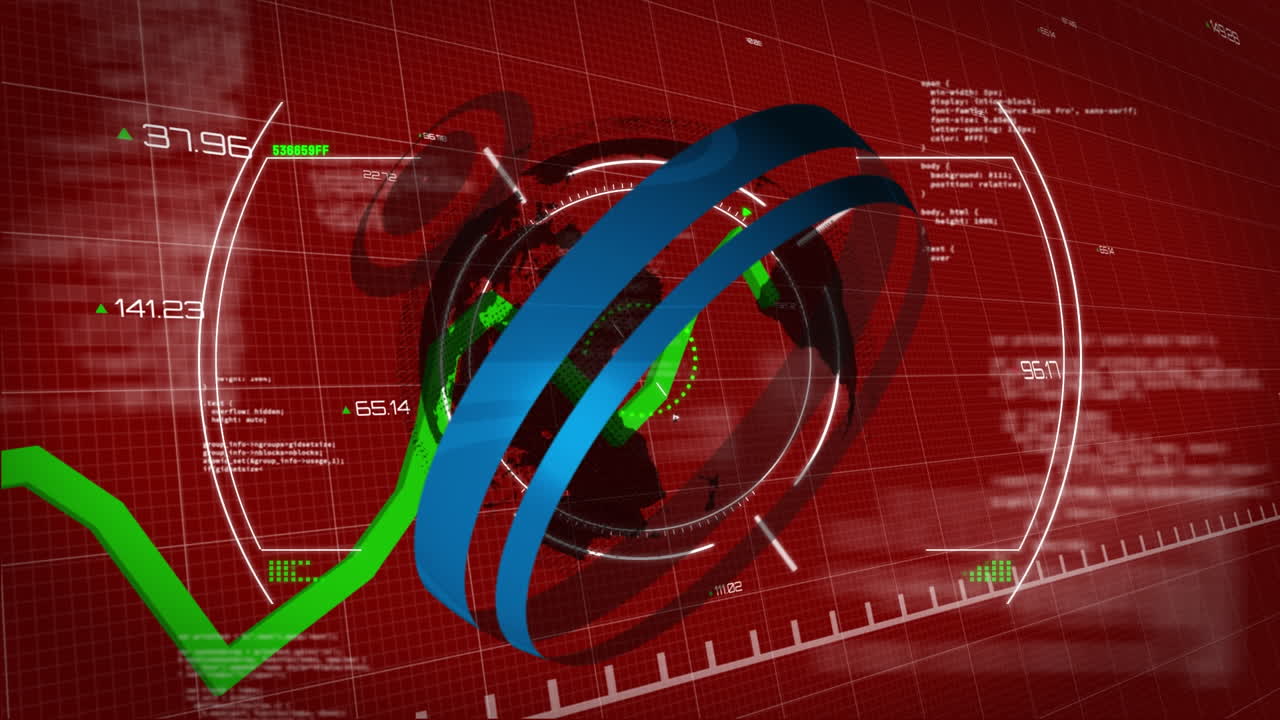 Animation of circles, circular patterns around globe, graphs, computer language over red background