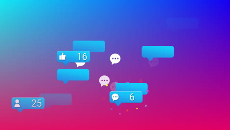 animación de iconos de redes sociales con números en fondo azul y rosa