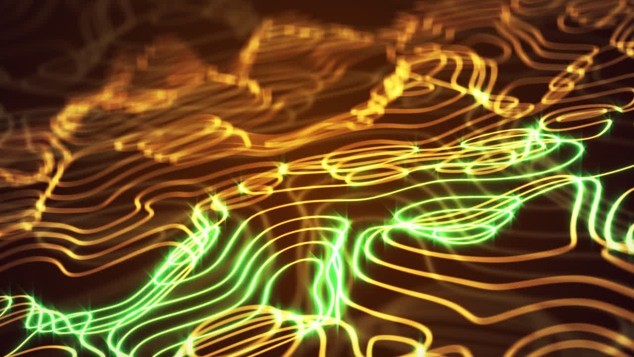Animation of layers of yellow and green glowing contour lines moving on dark background