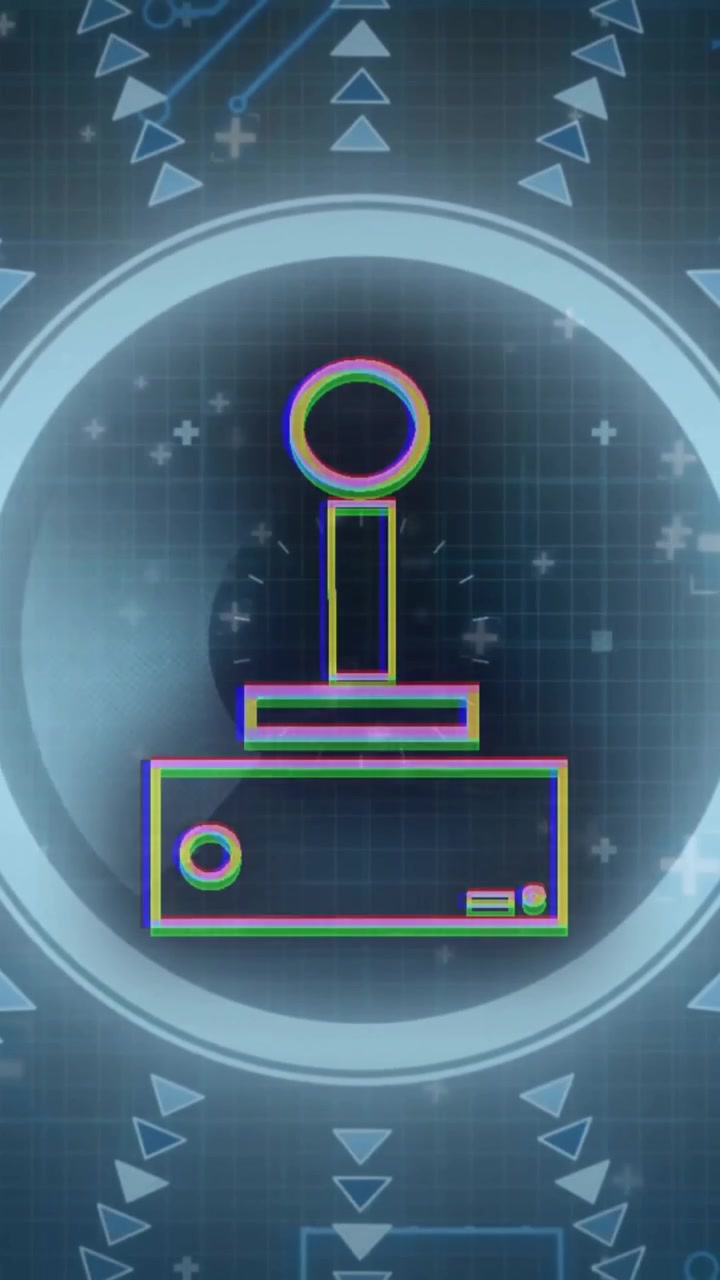 Joystick icon with geometric shapes and digital symbols in blue animation