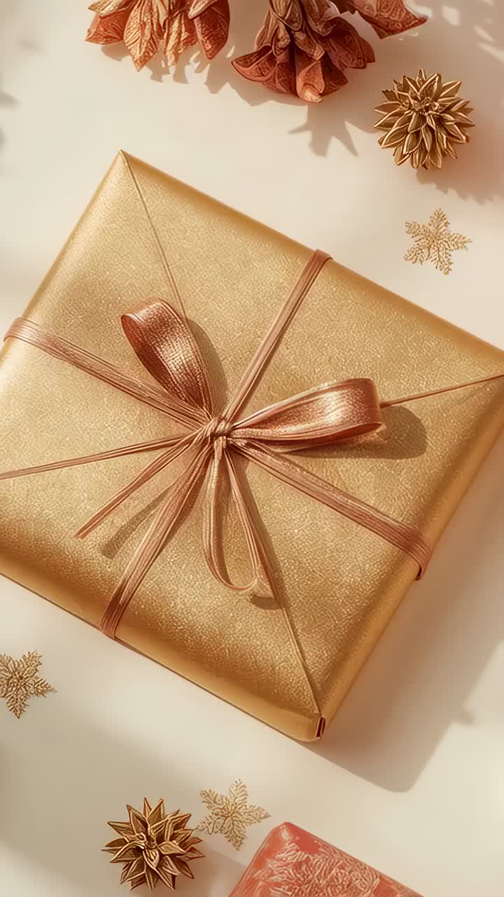 Vertical video: Shifting camera to reveal pink gift and gold box with rosegold bow on cream desk