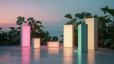 outdoor decorative light pillars with changing colors at sunset