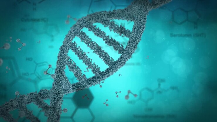 Animation of falling molecules over spinning dna strand on blue background