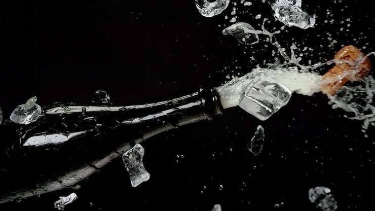 Champagne Bottle Popping out of the Ice Cubes Bucket and Exploding with a Stream of Sparkling Wine on the Black Background in Slow Motion