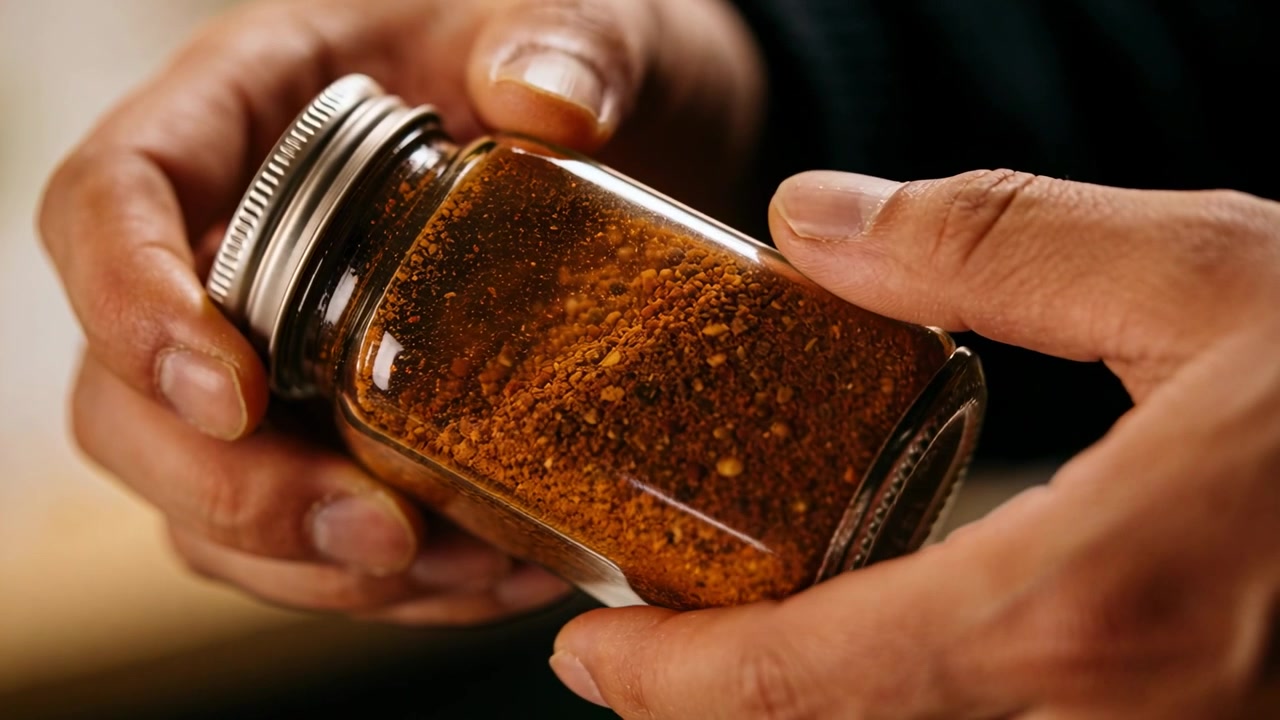 Una mano prende un barattolo e lo ruota in cucina, osservando una spezia marrone-rossastra e cercando di svitare il coperchio di metallo.