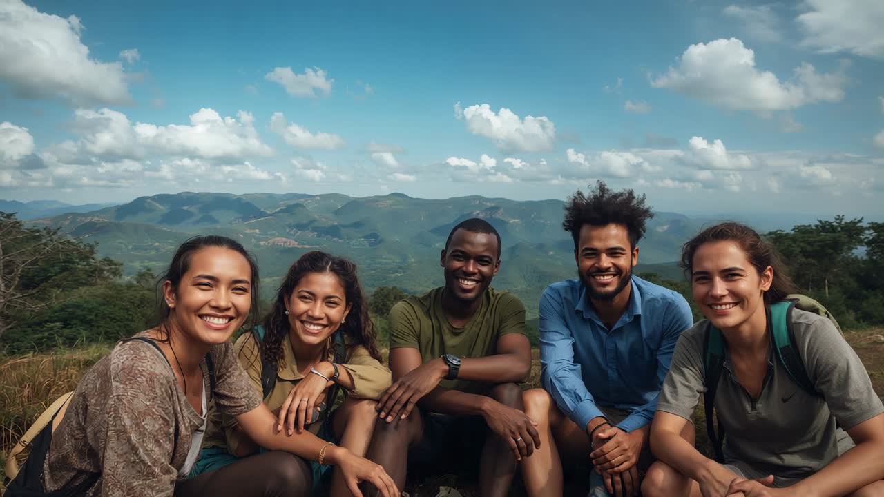 Camera starting burst, five hikers sitting on grassy ridge, smiling, wearing backpacks and watch