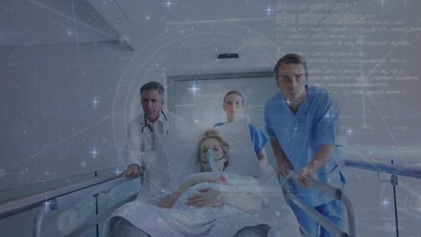 Animation-of-network-of-connections-with-icons-over-doctors-with-patient-in-hosptial