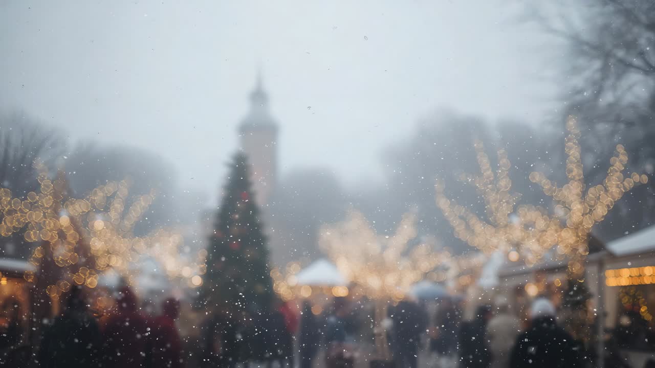 Camera framing lit Christmas tree anchoring aisle, snow starting and shoppers wearing coats moving