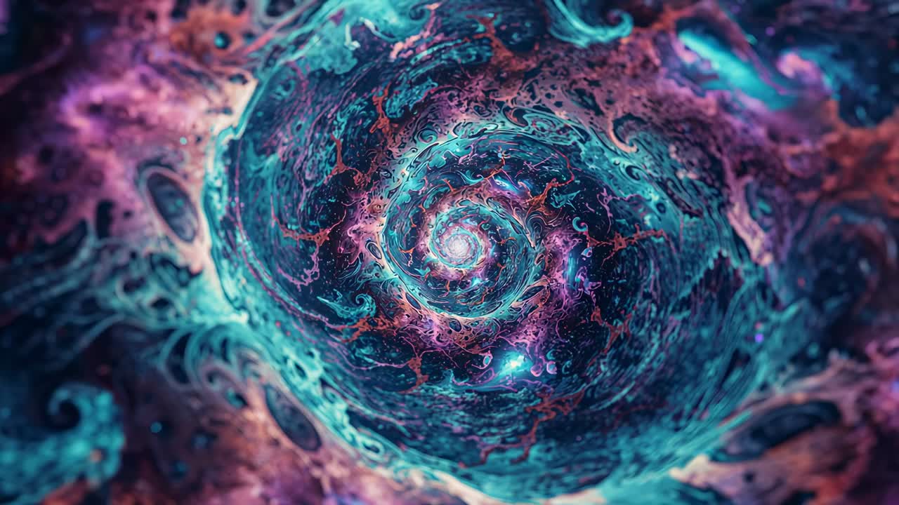 When spiral vortex filling frame, drawing camera into tunnel with glowing core and pulsing tendrils